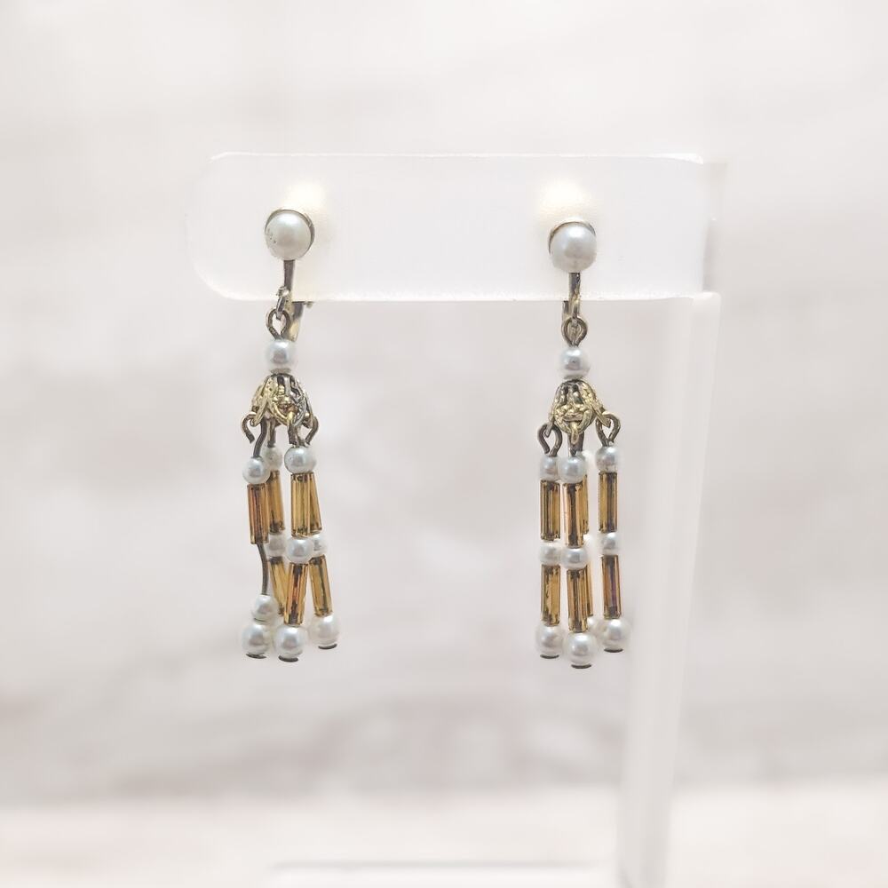 Vintage Clip On Earrings Amber Tone Beads and Faux Pearl Dangle - Fair Condition